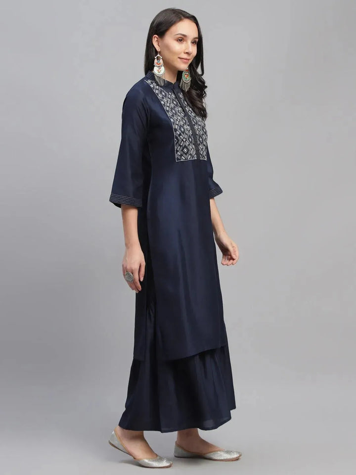 Blue Embroidered Crepe Kurta - Libas