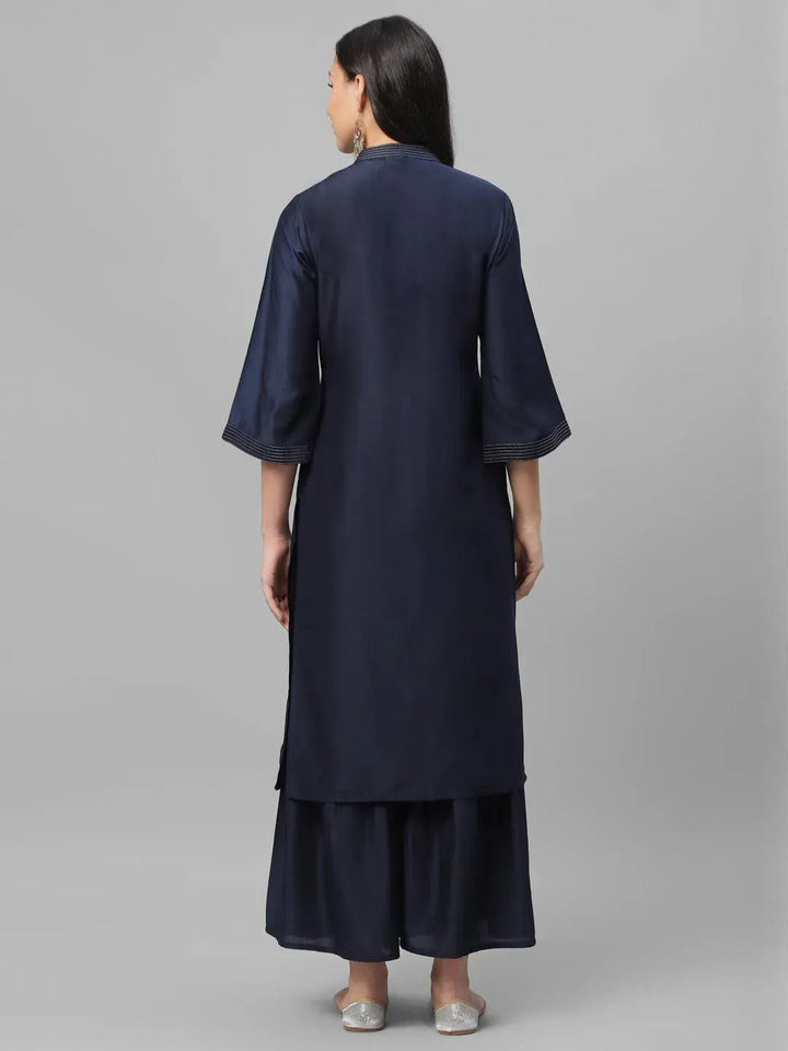 Blue Embroidered Crepe Kurta - Libas