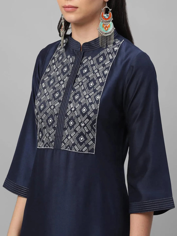 Blue Embroidered Crepe Kurta - Libas