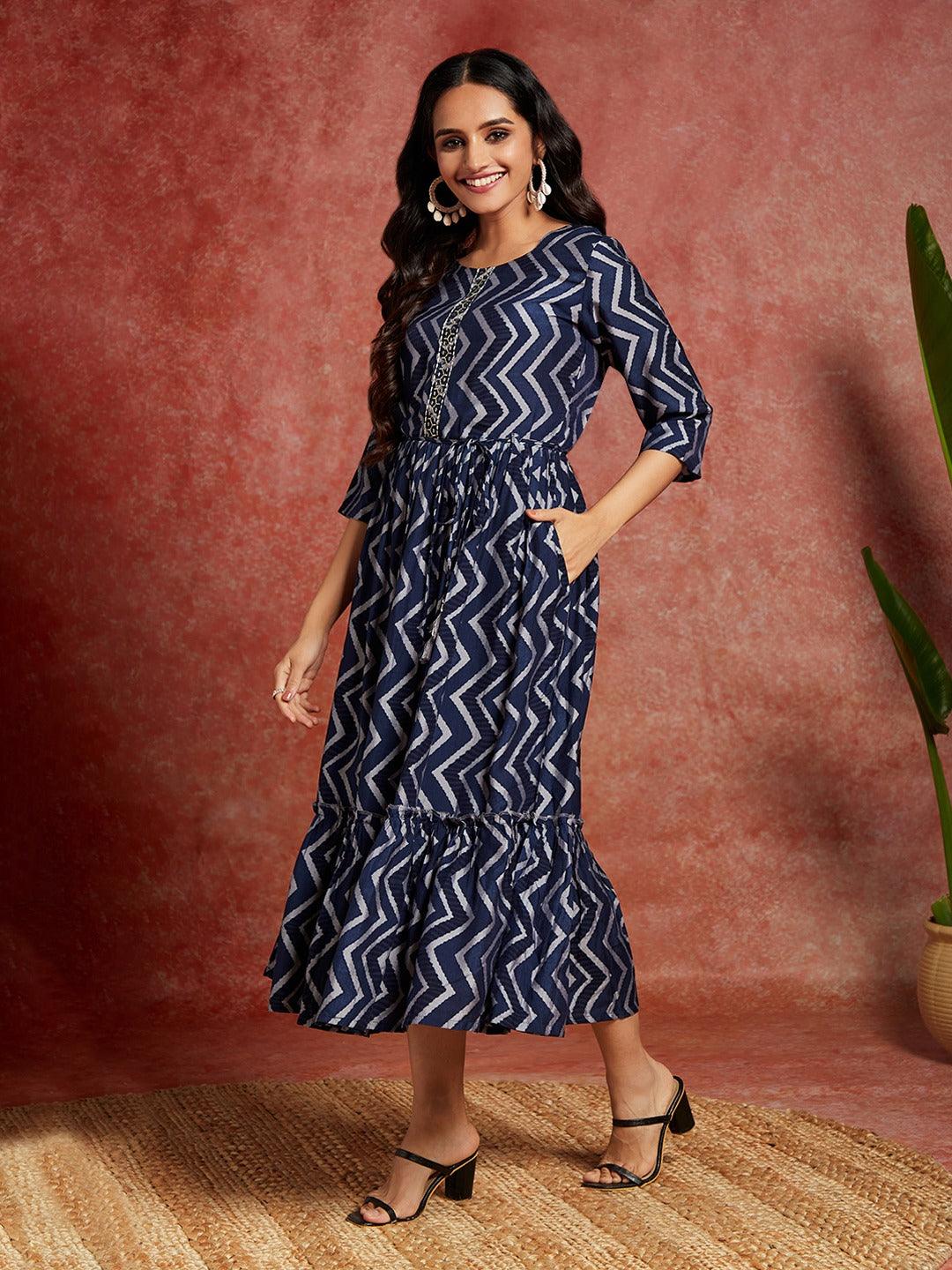 Blue Embroidered Fit and Flared Dress - Libas