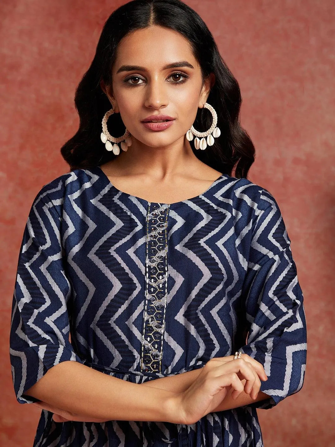Blue Embroidered Fit and Flared Dress - Libas 