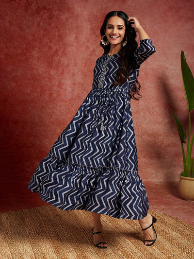 Blue Embroidered Fit and Flared Dress - Libas