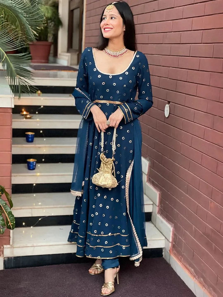 Libas Blue Embroidered Georgette A-Line Kurta With Churidar & Dupatta