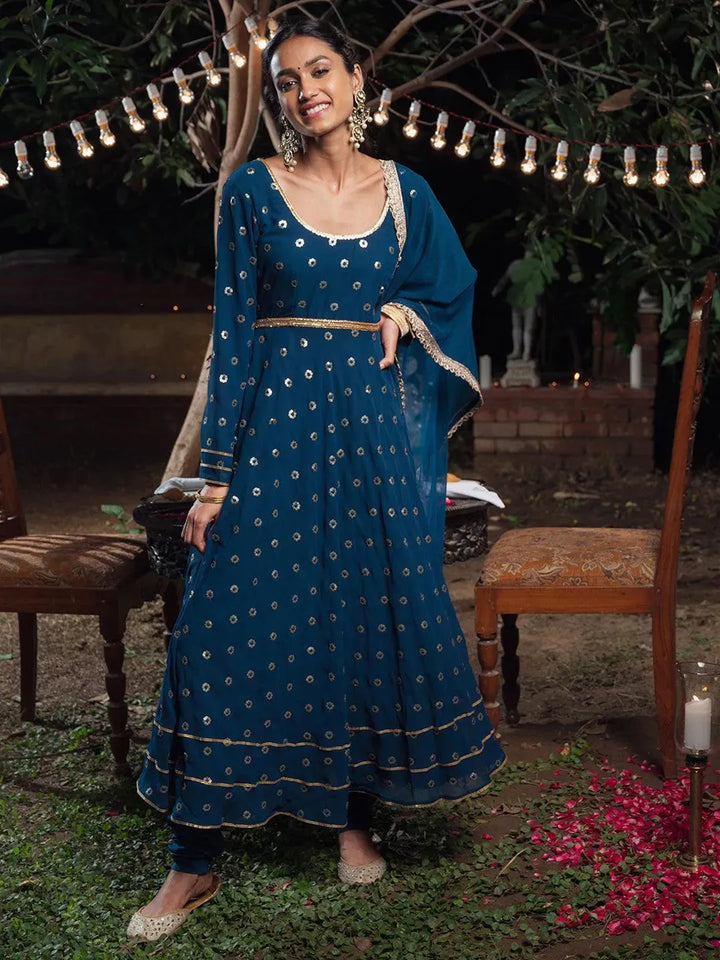 Blue Embroidered Georgette Suit Set - Libas