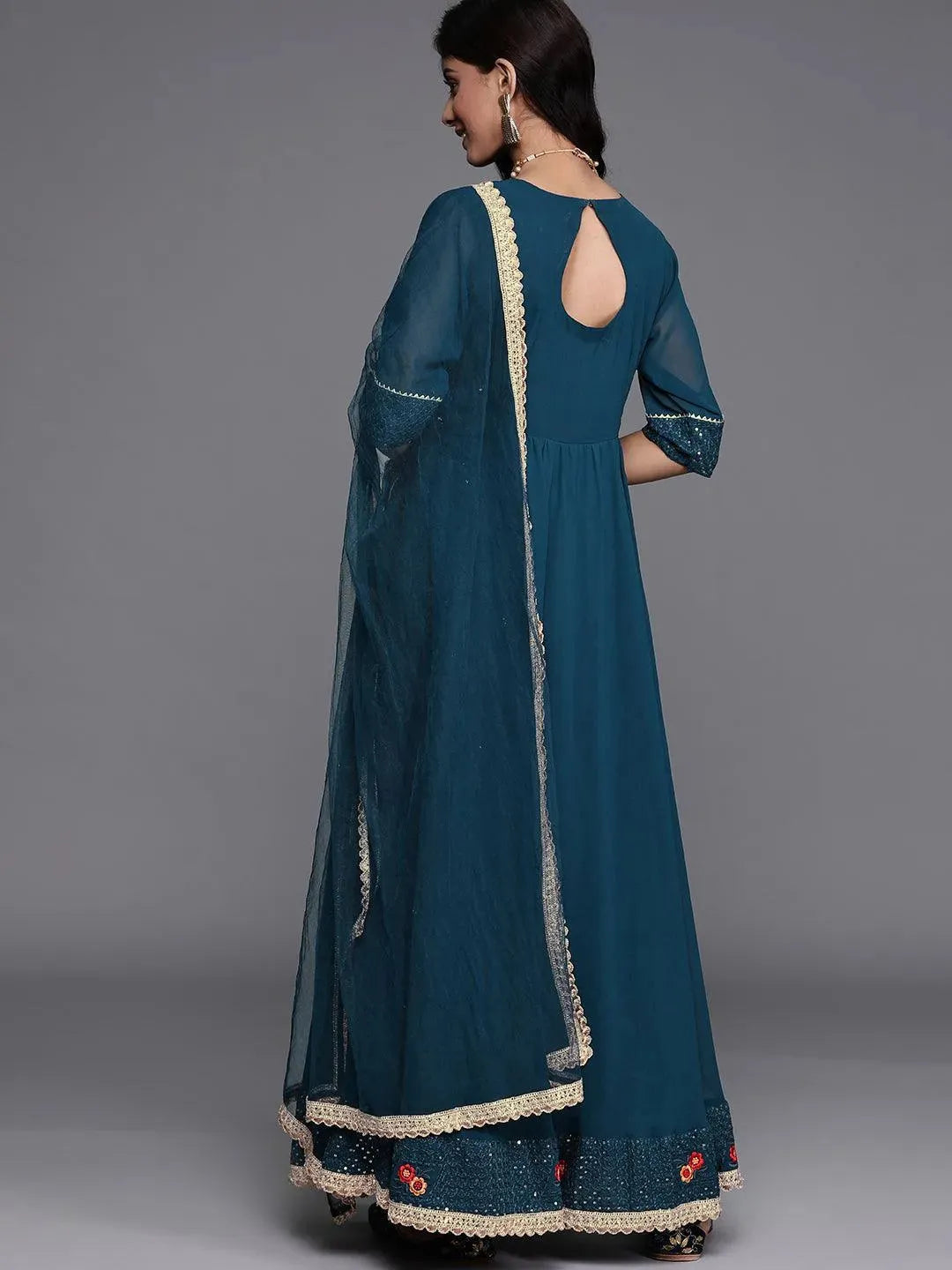 Blue Embroidered Georgette Suit Set - Libas 