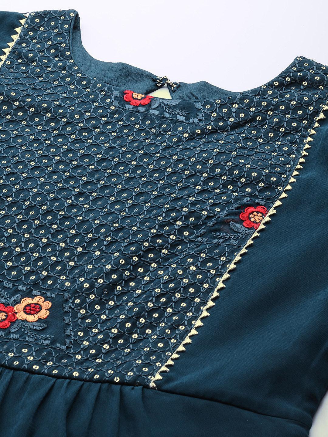 Blue Embroidered Georgette A-Line Kurta With Churidar & Dupatta