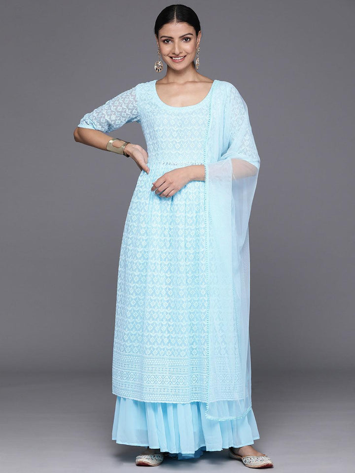 Blue Embroidered Georgette A-Line Kurta With Palazzos & Dupatta - Libas
