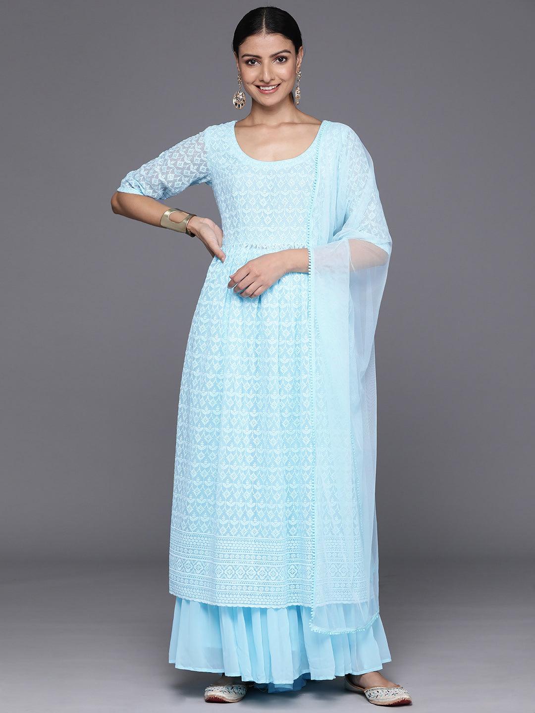 Blue Embroidered Georgette A-Line Kurta With Palazzos & Dupatta - Libas