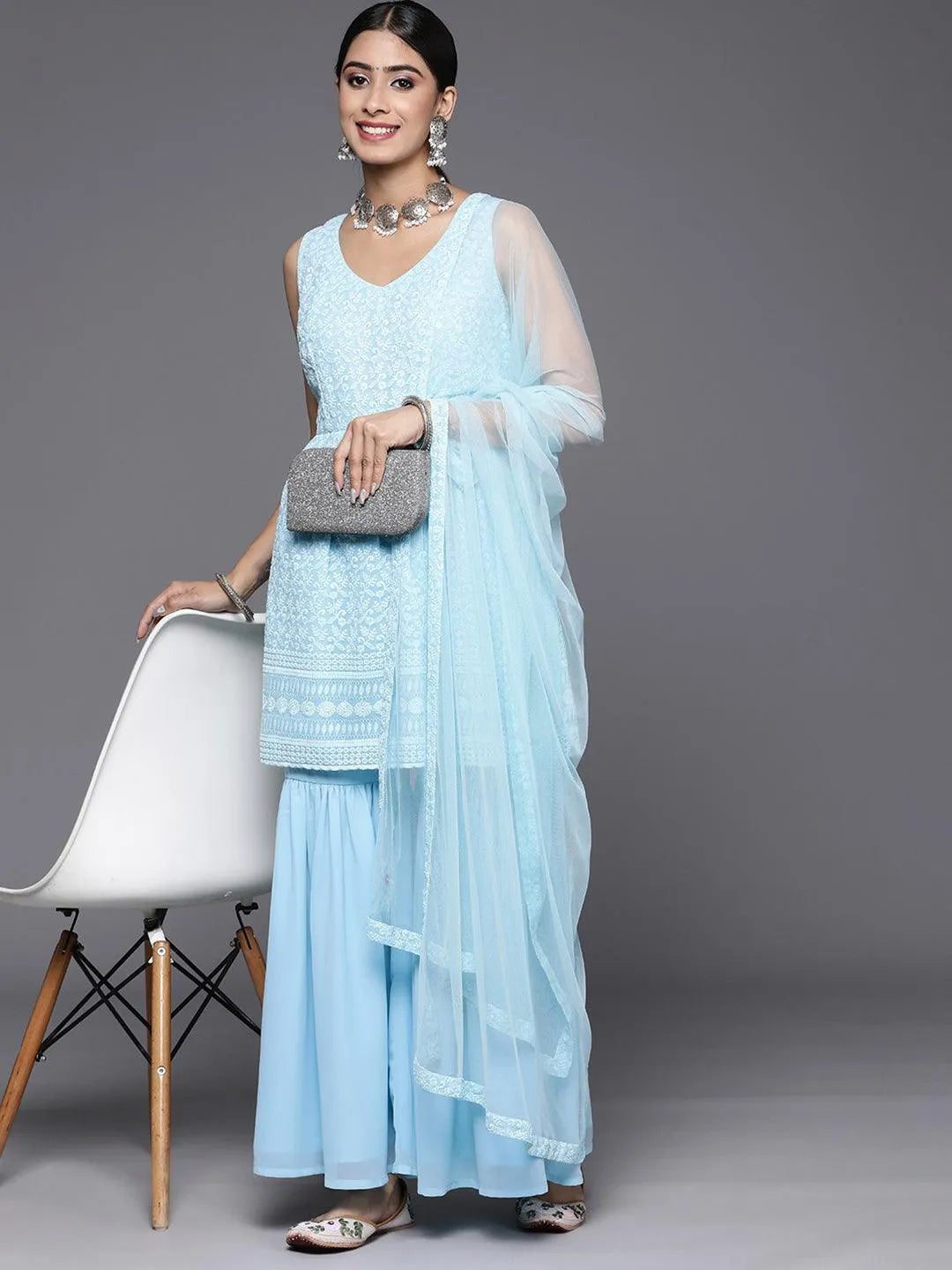 Blue Embroidered Georgette A-Line Suit Set With Sharara - Libas 