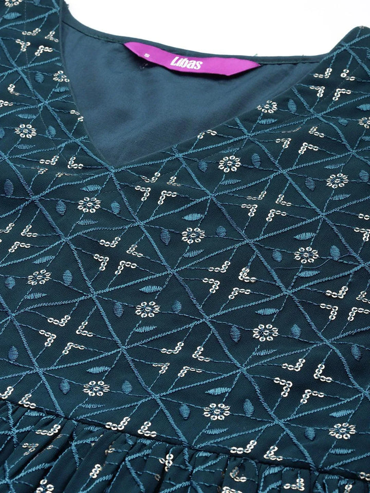 Blue Embroidered Georgette A-Line Kurta With Sharara & Dupatta - Libas