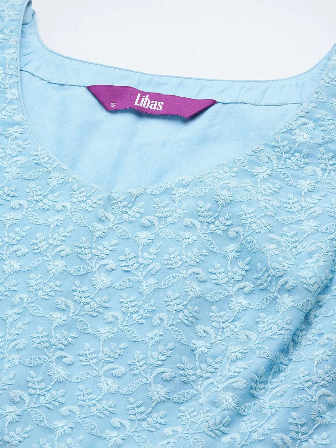 Blue Embroidered Georgette A-Line Suit Set With Sharara - Libas 