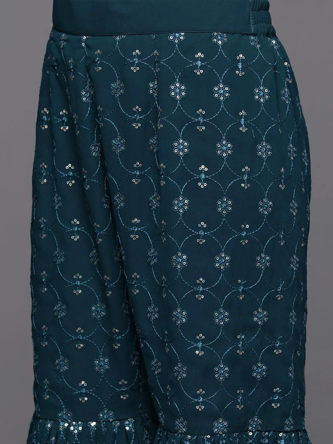 Blue Embroidered Georgette A-Line Kurta With Sharara & Dupatta - Libas 