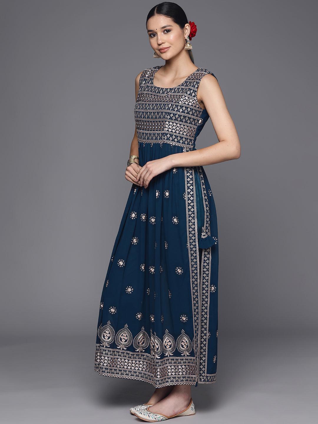 Blue Embroidered Georgette A-Line Kurta With Trousers & Dupatta - Libas
