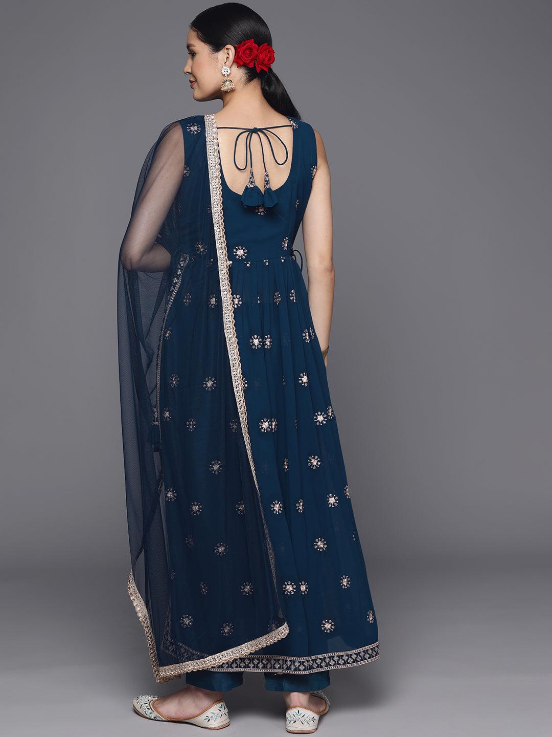 Blue Embroidered Georgette A-Line Kurta With Trousers & Dupatta - Libas