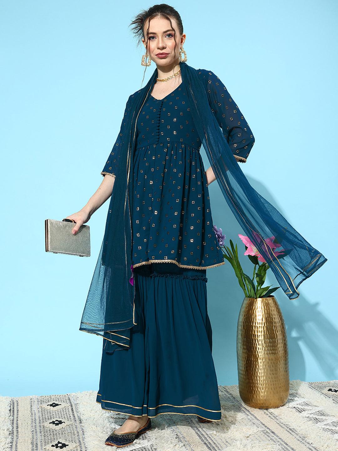 Blue Embroidered Georgette A-Line Sharara Suit Set With Dupatta
