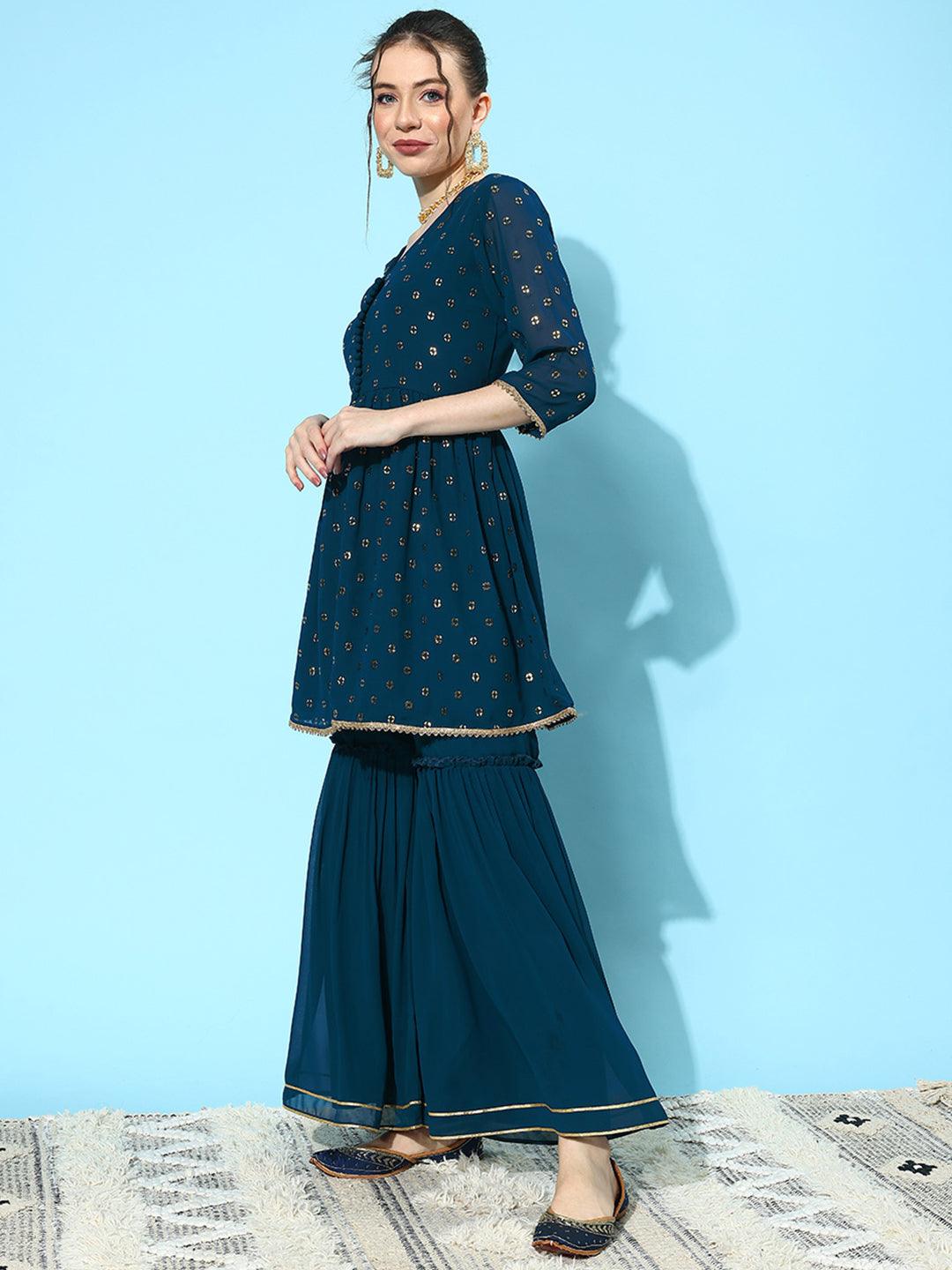 Blue Embroidered Georgette A-Line Sharara Suit Set With Dupatta