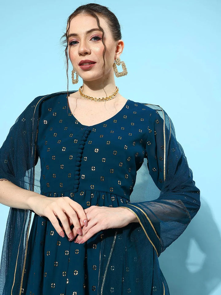 Blue Embroidered Georgette A-Line Kurti With Sharara & Dupatta - Libas