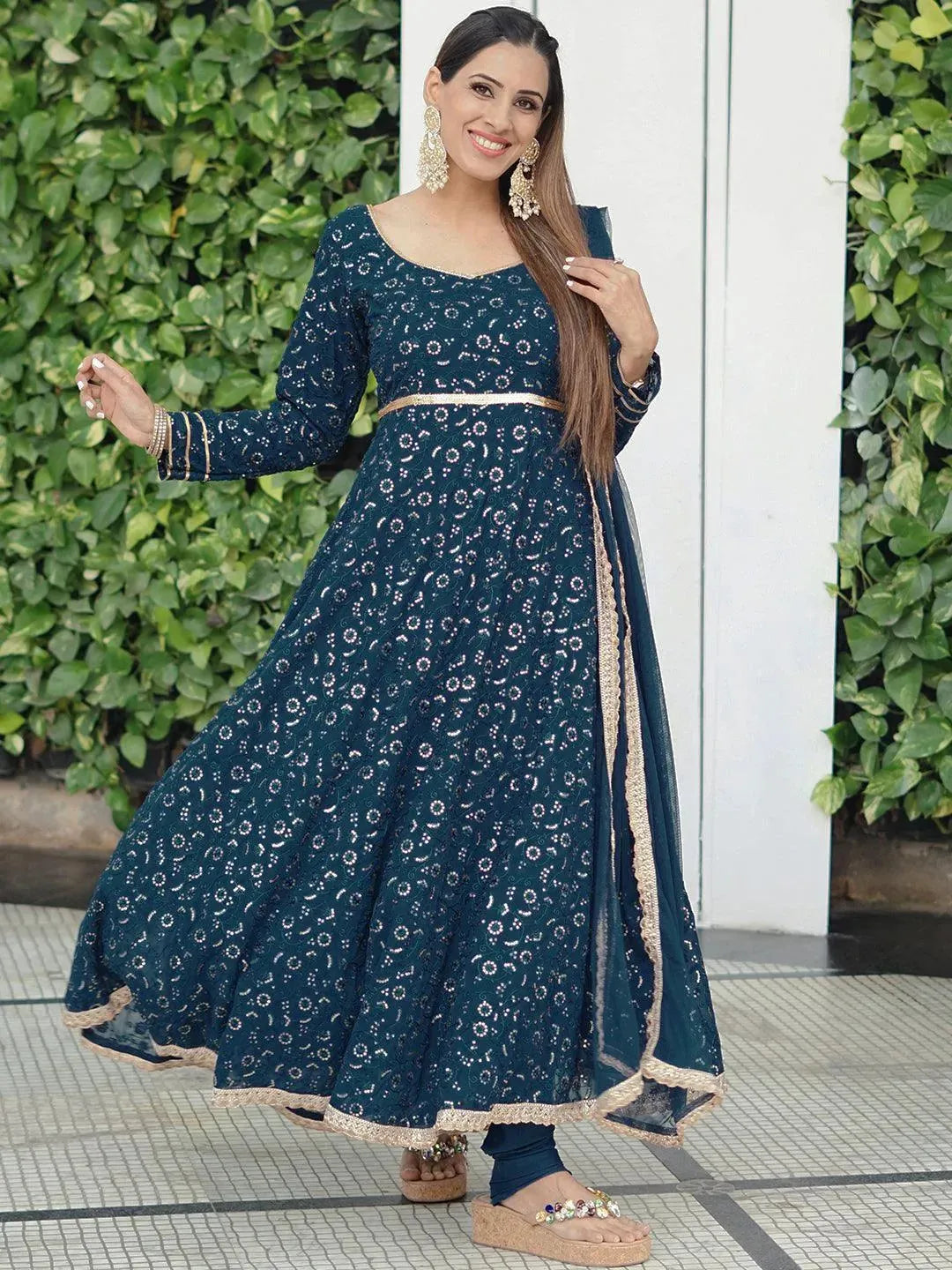 Blue Embroidered Georgette Anarkali Kurta With Churidar & Dupatta - Libas 