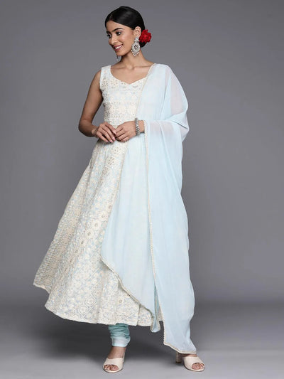 Blue Embroidered Georgette Anarkali Suit Set With Churidar - Libas