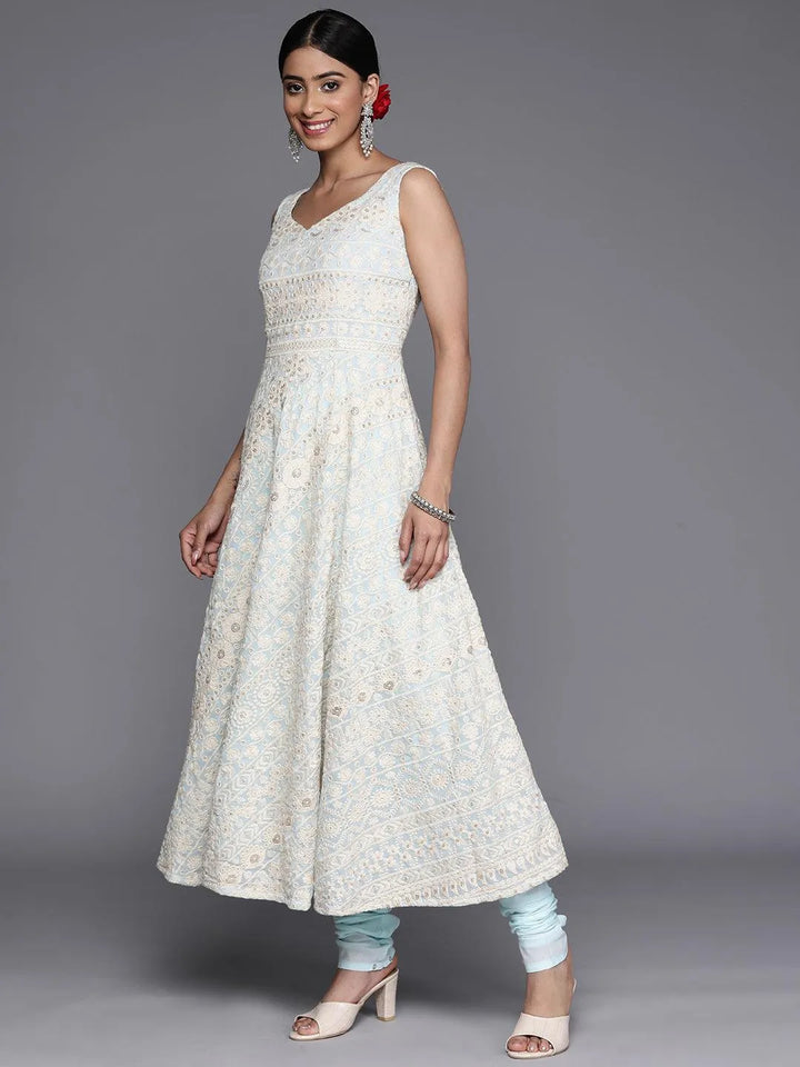 Blue Embroidered Georgette Anarkali Suit Set With Churidar - Libas