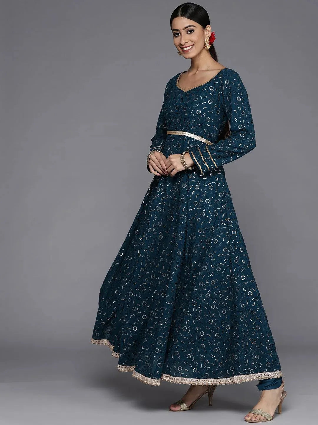 Blue Embroidered Georgette Anarkali Suit Set With Churidar - Libas