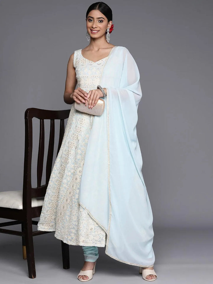 Blue Embroidered Georgette Anarkali Suit Set With Churidar - Libas