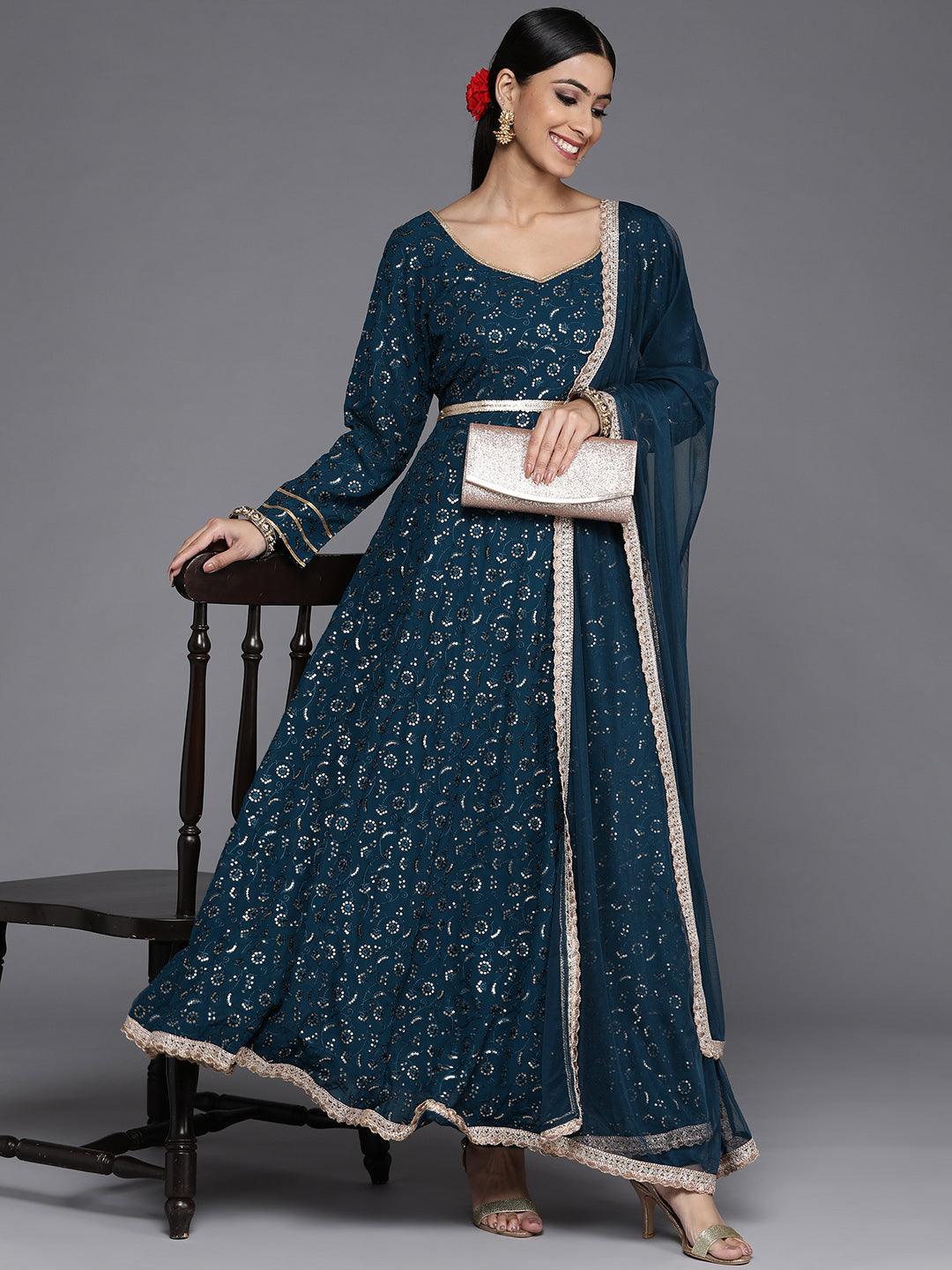 Blue Embroidered Georgette Anarkali Suit Set With Churidar - Libas