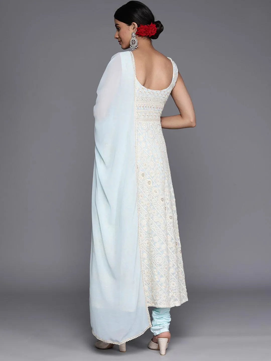 Blue Embroidered Georgette Anarkali Suit Set With Churidar - Libas 