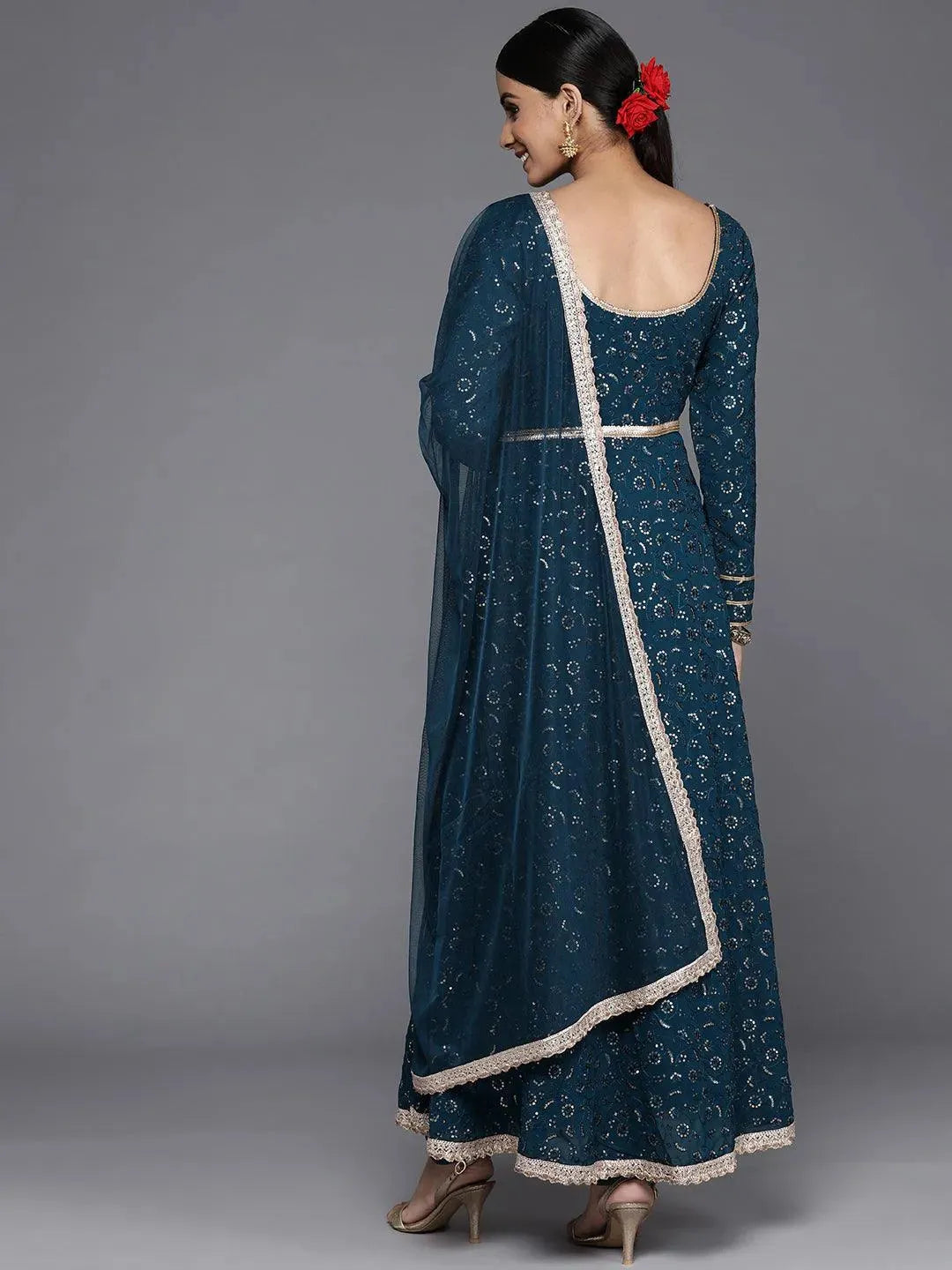 Blue Embroidered Georgette Anarkali Suit Set With Churidar - Libas 