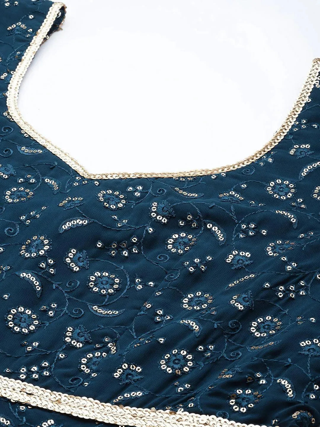Blue Embroidered Georgette Anarkali Suit Set With Churidar - Libas 