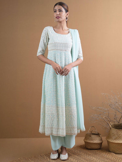 REYNA Blue Embroidered Georgette Suit Set - Libas