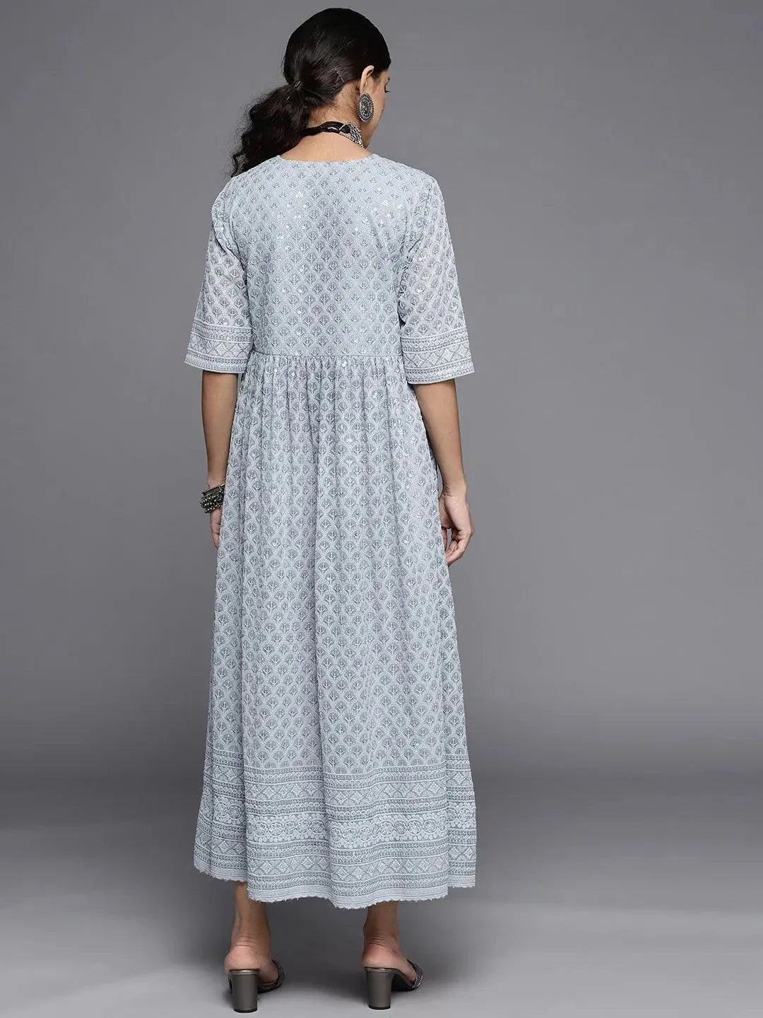 Blue Embroidered Georgette Dress - Libas 
