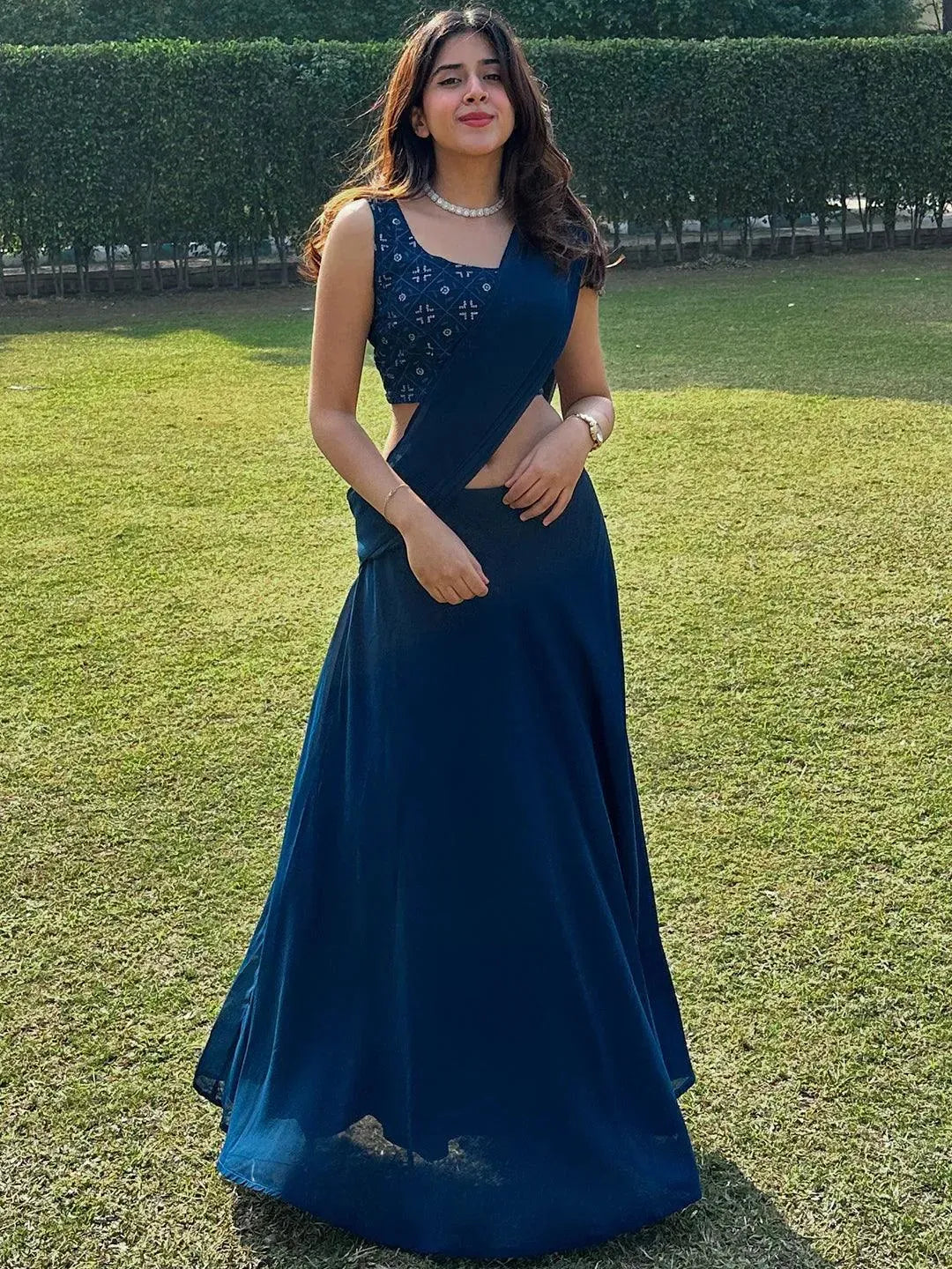 Blue Embroidered Georgette Lehenga Set