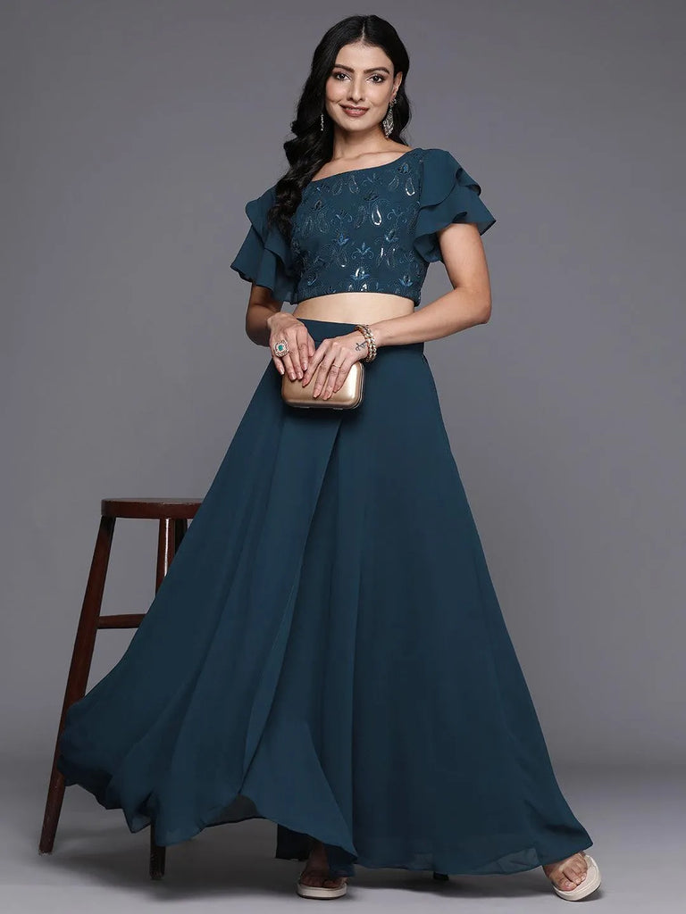 Libas Blue Embroidered Georgette Lehenga Set