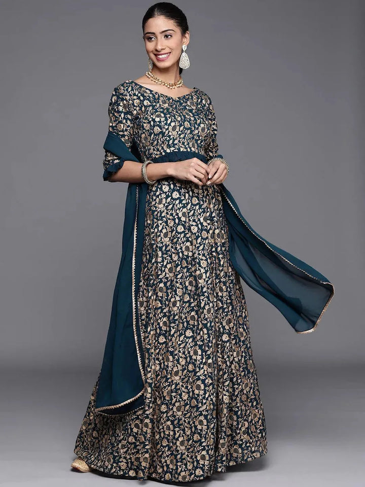 Blue Embroidered Georgette Lehenga Set - Libas