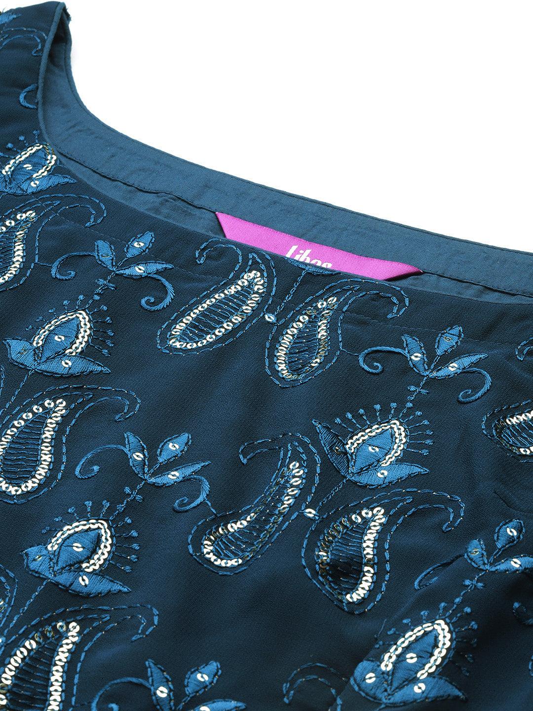 Blue Embroidered Georgette Lehenga Set - Libas