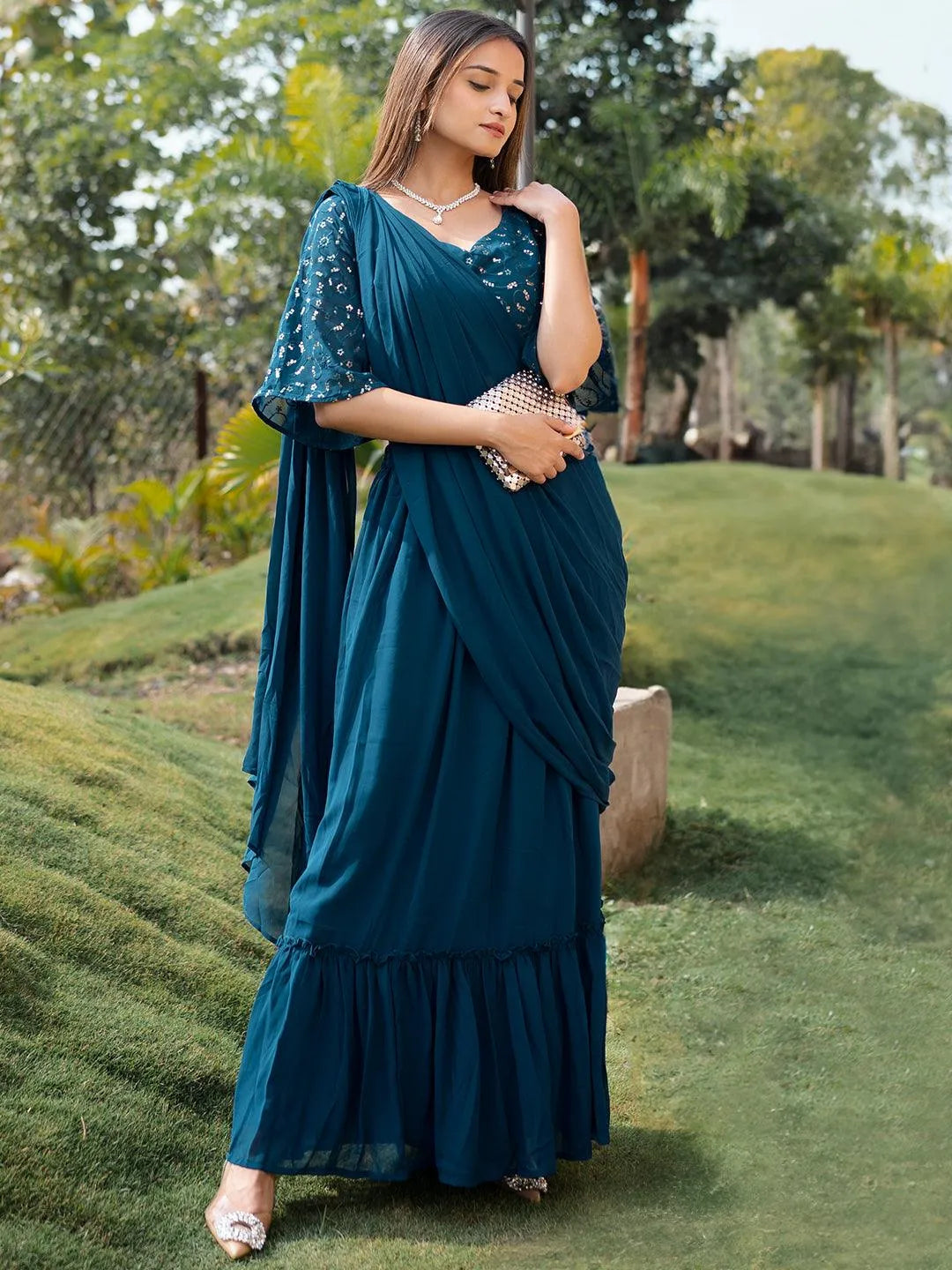 Blue Embroidered Georgette Saree