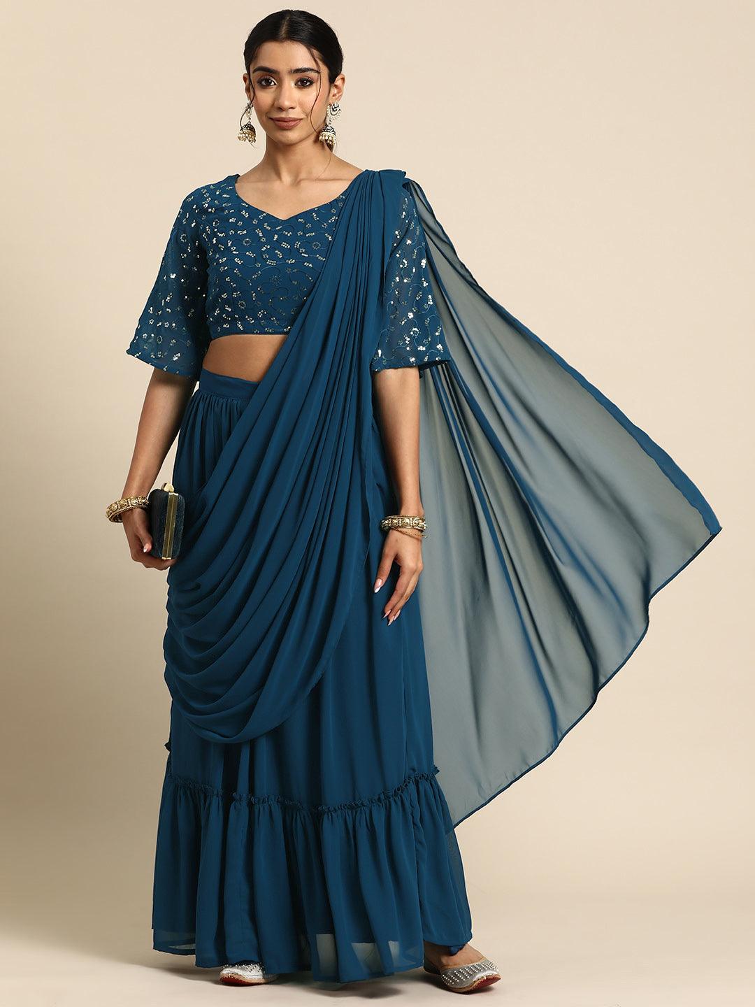 Blue Embroidered Georgette Saree