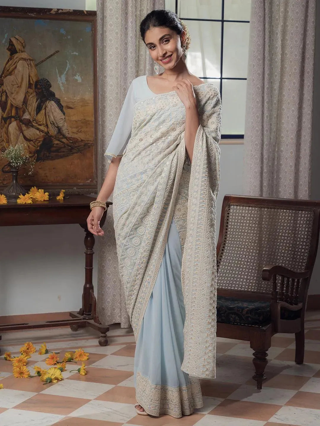 Blue Embroidered Georgette Saree - Libas 