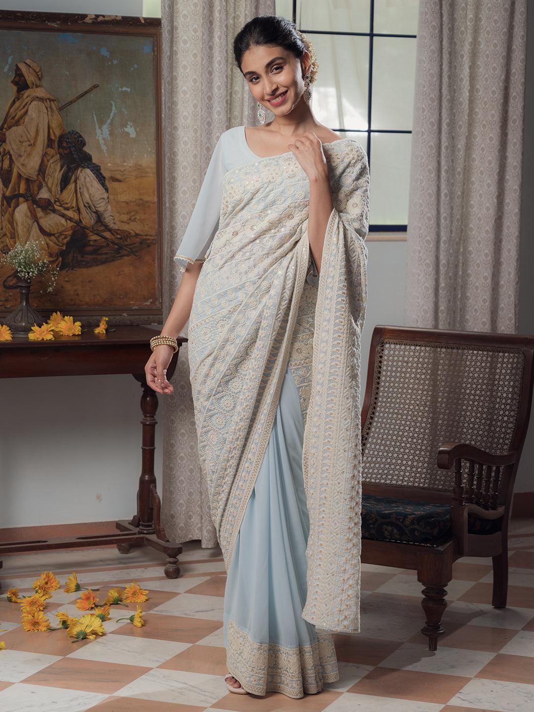 Blue Embroidered Georgette Saree - Libas