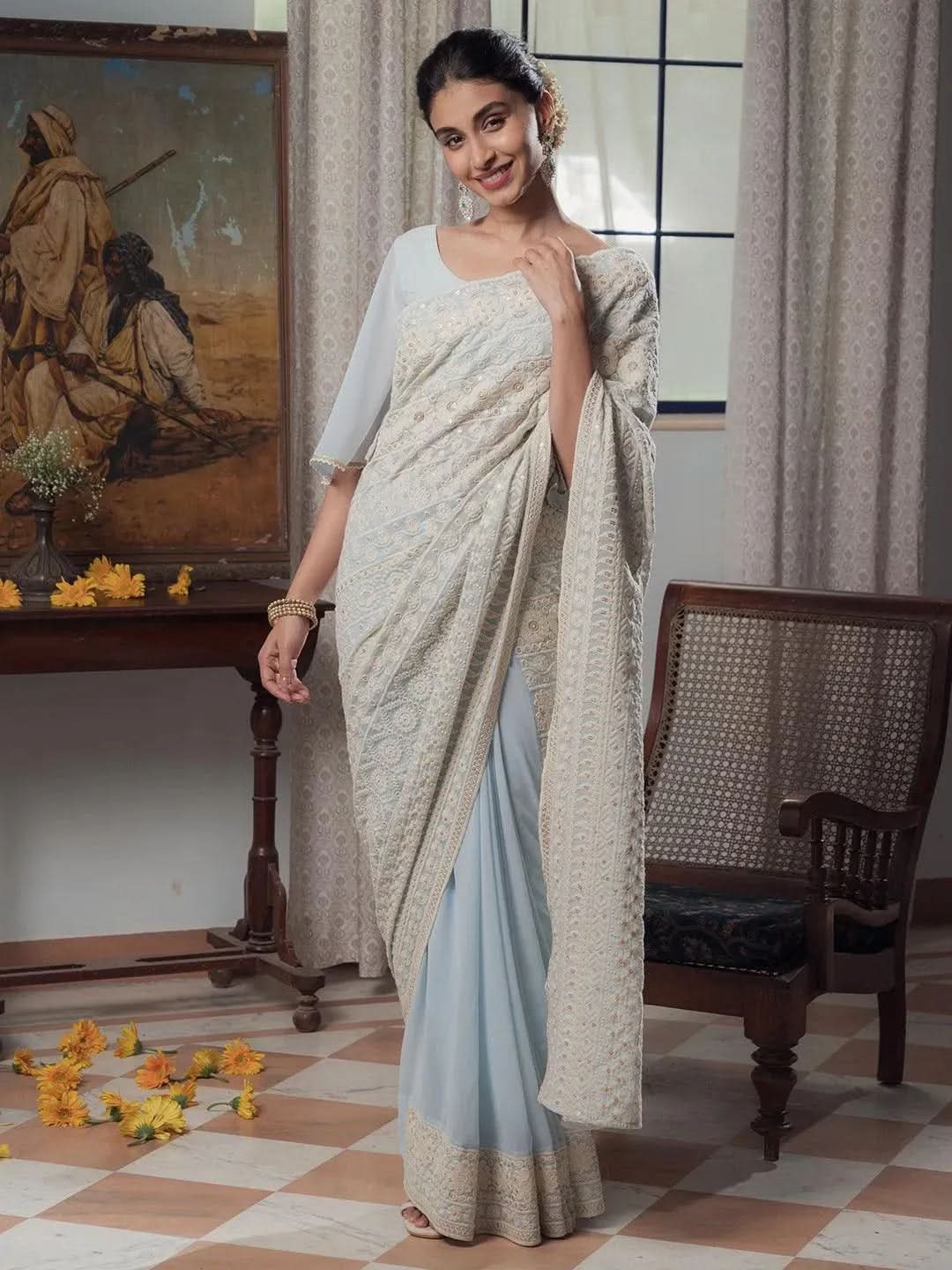 

Buy Blue Embroidered Georgette Saree - 14625 | Libas Ethnic Wear Online
