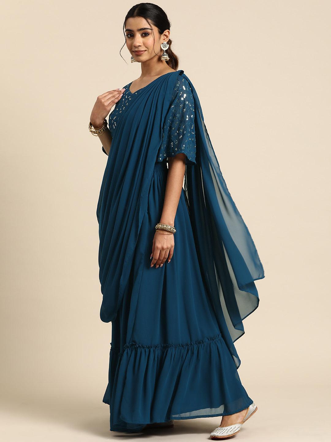 Blue Embroidered Georgette Saree