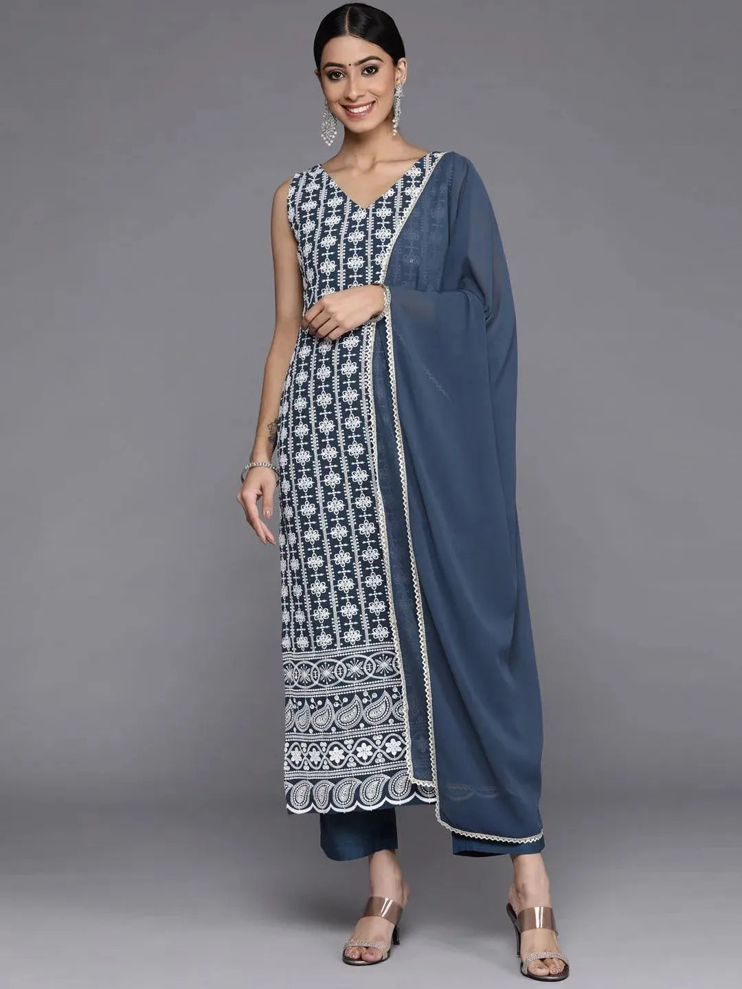 Blue Embroidered Georgette Straight Suit Set With Trousers - Libas 