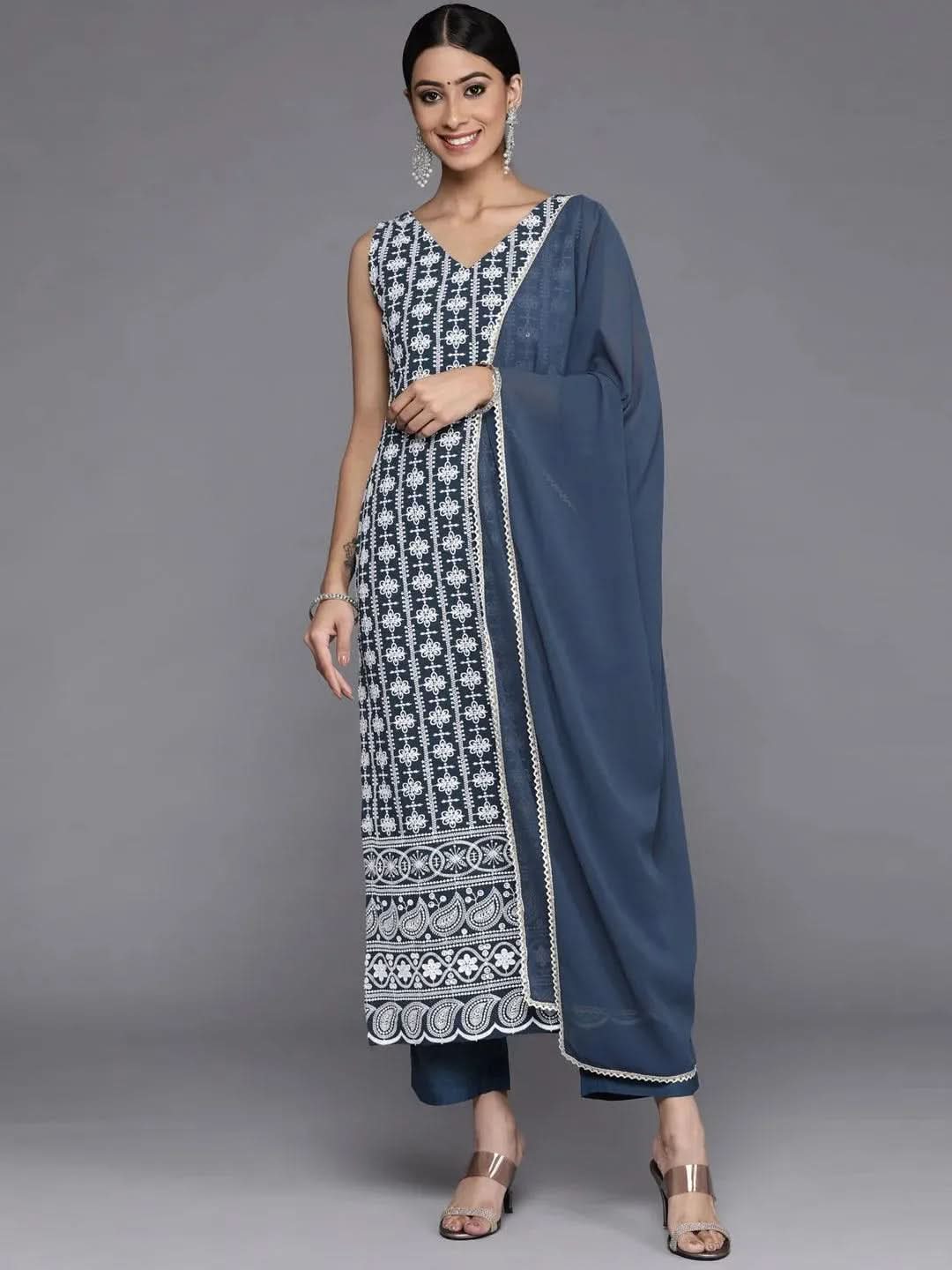 

Blue Embroidered Georgette Straight Kurta With Dupatta