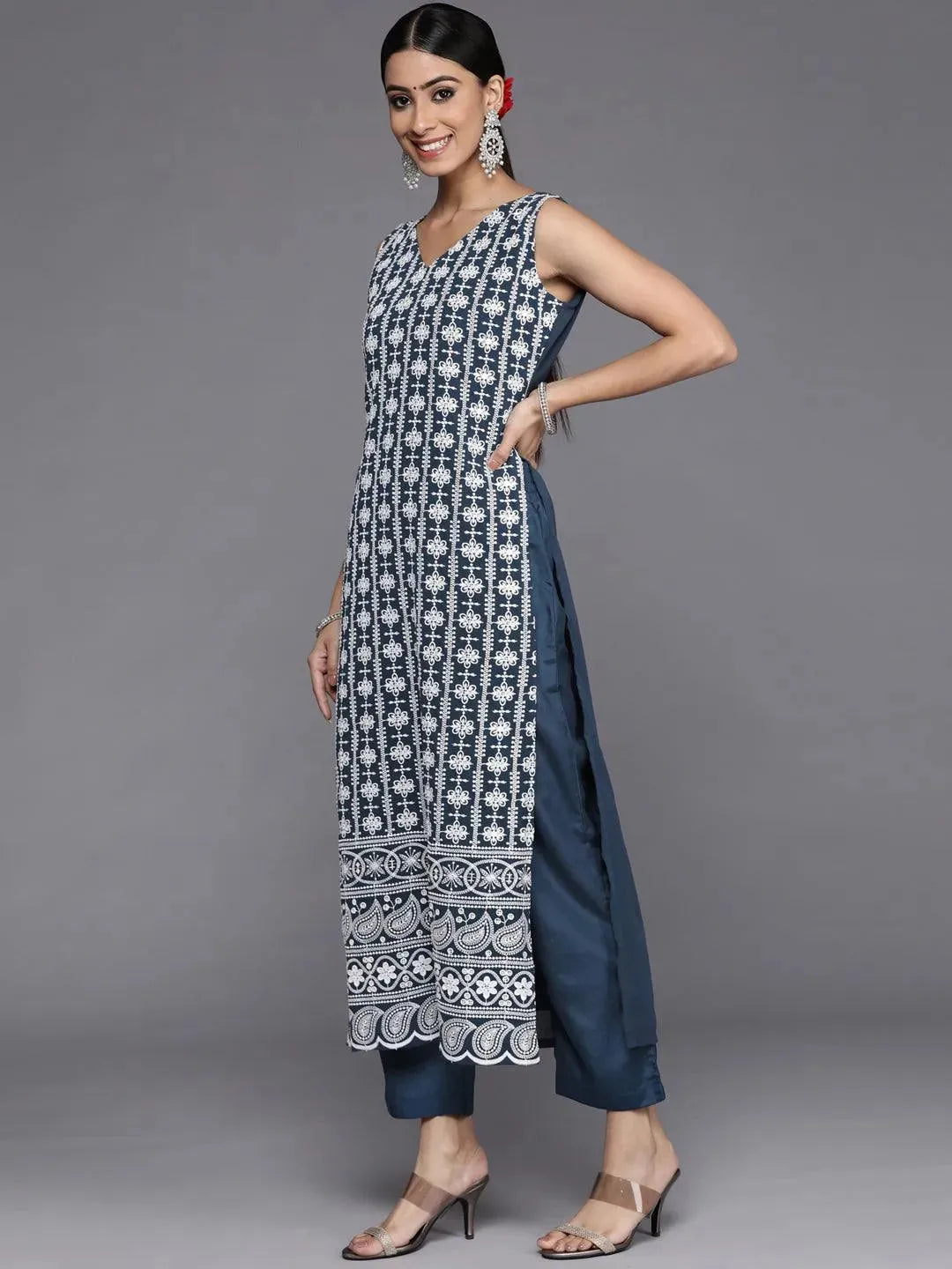 Blue Embroidered Georgette Straight Suit Set With Trousers - Libas 