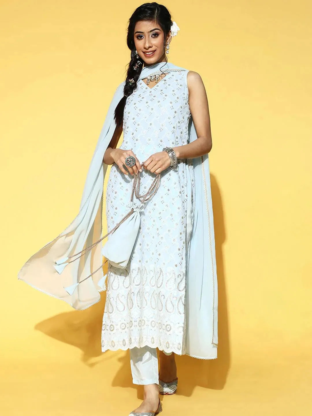 Blue Embroidered Georgette Kurta Set - Libas 