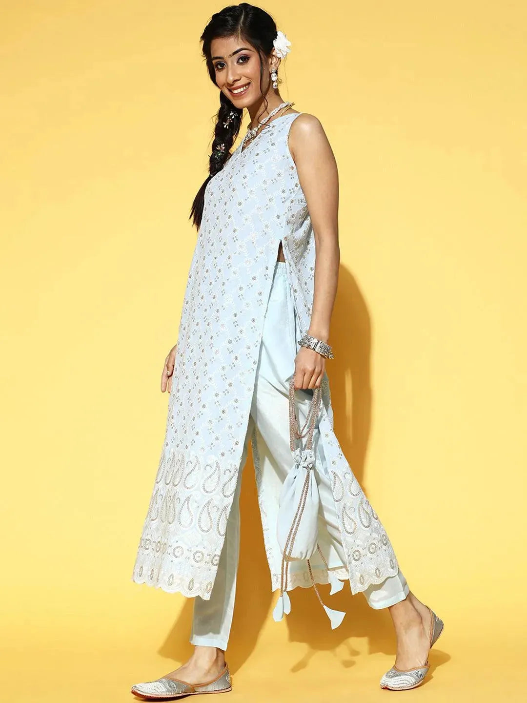 Blue Embroidered Georgette Kurta Set - Libas 