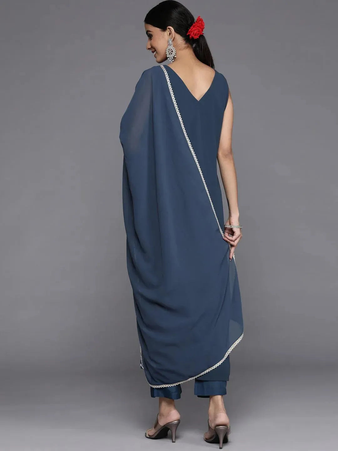 Blue Embroidered Georgette Straight Suit Set With Trousers - Libas 