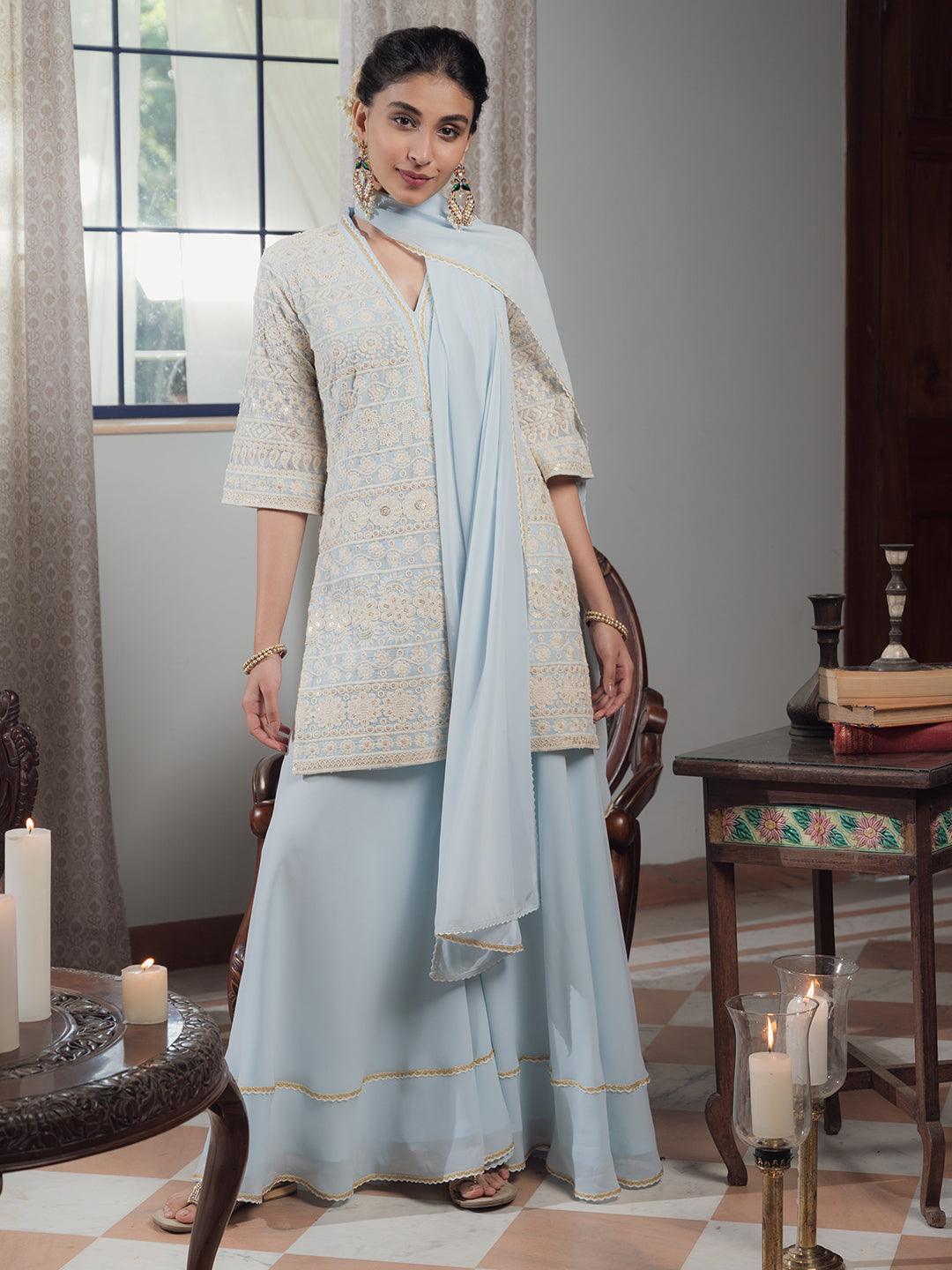 KASHVI Blue Embroidered Georgette Suit Set - Libas