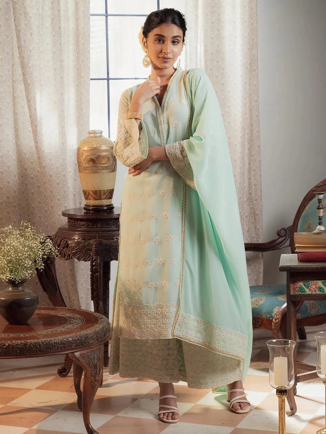 Blue Embroidered Georgette Suit Set - Libas